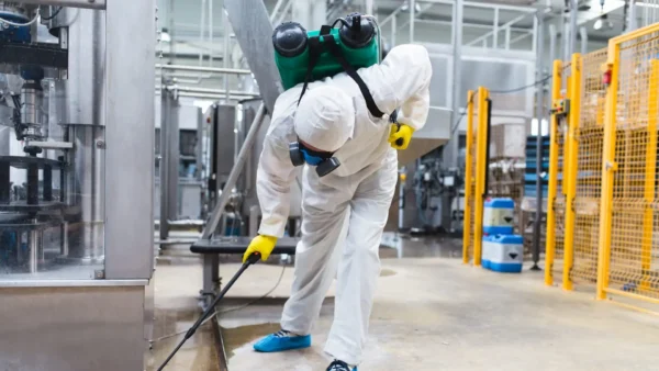 A man in blue overalls and a baseball cap standing on a stepladder, cleaning or maintaining an indoor air conditioning unit mounted on a white wall. He is wearing white gloves.