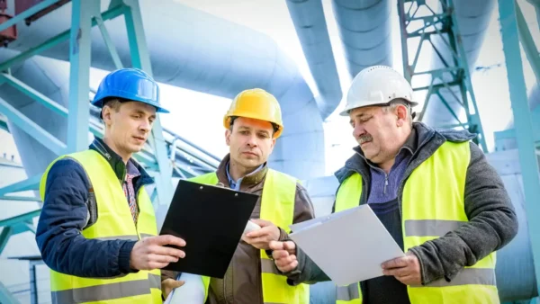 Three engineers in blue hard hats and safety vests, two men and one woman, stand around a table with a laptop, blueprints, and a 3D model, discussing a project in an industrial setting.