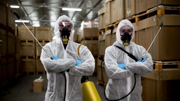 Two people in white full-body protective suits, respirators, and blue gloves are working inside a large, empty industrial or laboratory room. One person operates a misting device, while the other stands nearby.