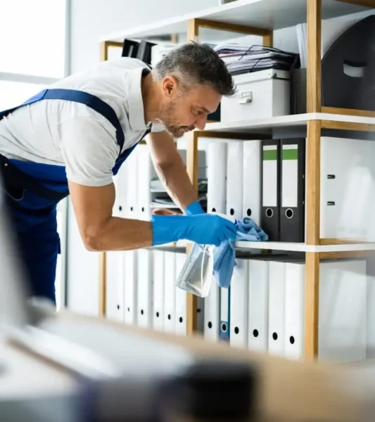 A professional cleaner in a blue uniform and yellow gloves uses a spray bottle and cloth to meticulously wipe down an office desk, with a computer monitor and keyboard visible.